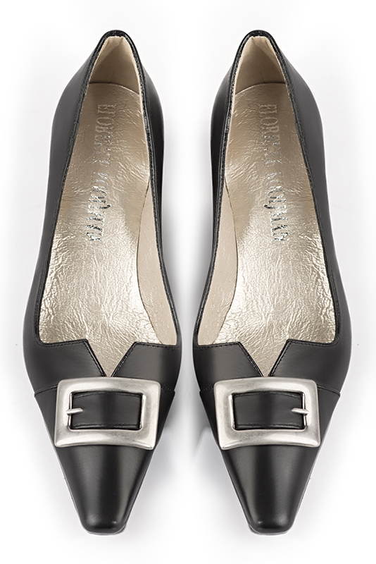 Satin black women's dress pumps,with a square neckline. Tapered toe. Low kitten heels. Top view - Florence KOOIJMAN